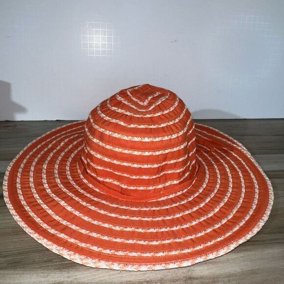 J Hats Wide Brim Straw Ribbon Sun Hat Orange Apricot & White Floppy Wire Brim - Picture 4 of 7